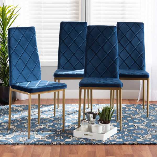 Baxton Studio Blaise Glam and Luxe Navy Blue Velvet Upholstered and Gold Finished Metal Dining Chair Set (4PC) 194-4PC-11774-ZORO